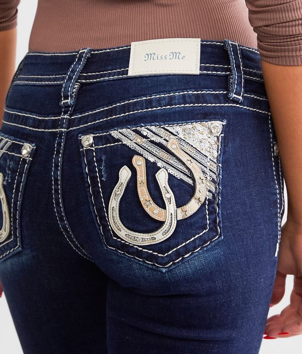 NWOT Miss Me 25x32 Low Rise Boot Cut Stretch Horseshoe Rhinestone Bling Jeans